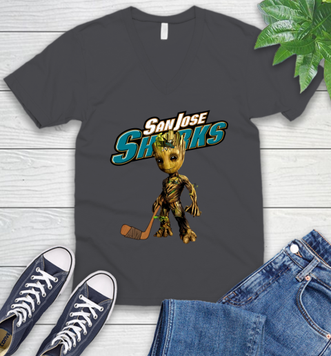 San Jose Sharks NHL Hockey Groot Marvel Guardians Of The Galaxy V-Neck T-Shirt 5