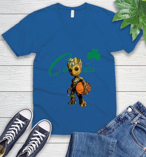 Boston Celtics NBA Basketball Groot Marvel Guardians Of The Galaxy V-Neck T-Shirt 6