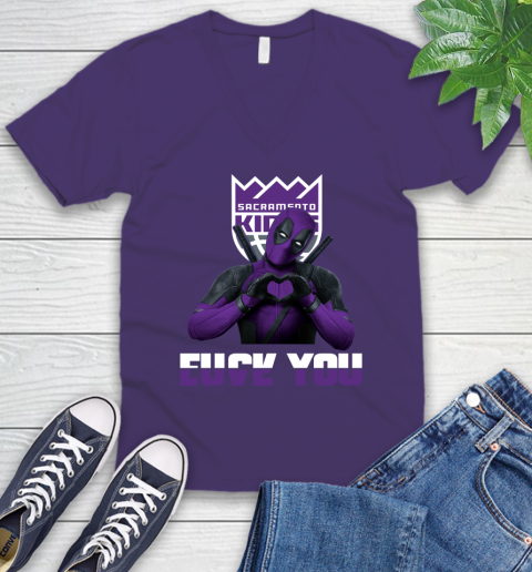 NBA Sacramento Kings Deadpool Love You Fuck You Basketball Sports V-Neck T-Shirt 9