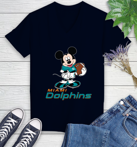 NFL Football Miami Dolphins Cheerful Mickey Mouse Shirt Women's V-Neck T-Shirt 3