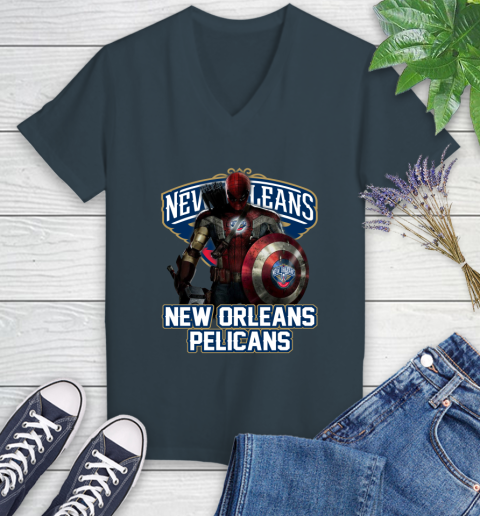 New Orleans Pelicans NBA Basketball Captain America Thor Spider Man Hawkeye Avengers Women's V-Neck T-Shirt 8