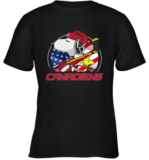 blvw montreal canadienssnoopy and woodstock nhl youth t shirt 26 front black