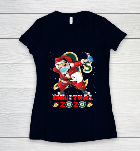 Oakland Athletics Funny Santa Claus Dabbing Christmas 2020 MLB Women's V-Neck T-Shirt 2