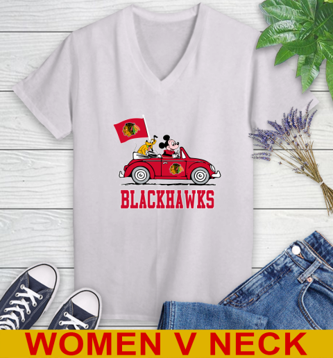 NHL Hockey Chicago Blackhawks Pluto Mickey Driving Disney Shirt Women's V-Neck T-Shirt