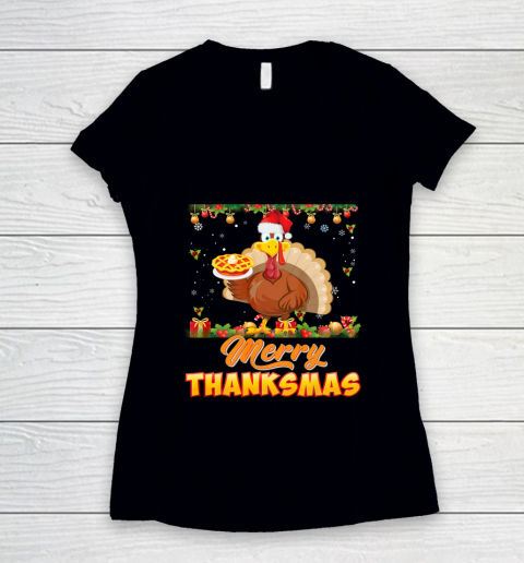 Merry Thanksmas Turkey Santa Elf Thanksgiving Christmas Ugly Women's V-Neck T-Shirt