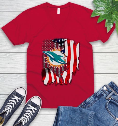 Miami Dolphins NFL Football American Flag V-Neck T-Shirt - Image 7