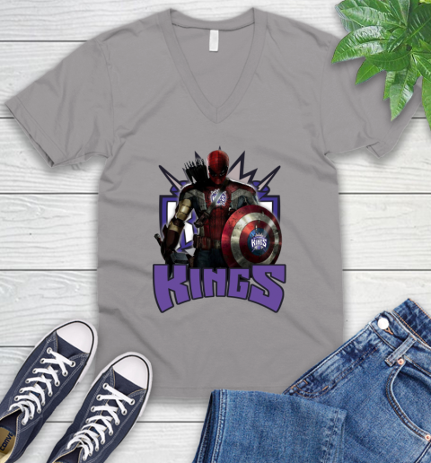 Sacramento Kings NBA Basketball Captain America Thor Spider Man Hawkeye Avengers V-Neck T-Shirt 4