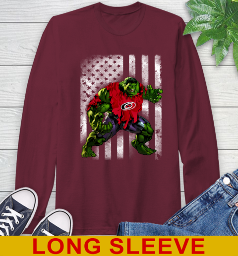 Carolina Hurricanes Hulk Marvel Avengers NHL Hockey American Flag Long Sleeve T-Shirt 7