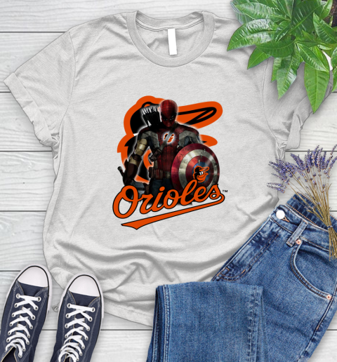 MLB Captain America Thor Spider Man Hawkeye Avengers Endgame Baseball Baltimore Orioles Women's T-Shirt