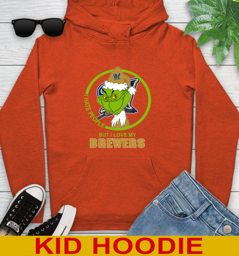 Milwaukee Brewers MLB Christmas Grinch I Hate People But I Love My Favorite Baseball Team Youth Hoodie 5