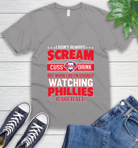 Philadelphia Phillies MLB I Scream Cuss Drink When I'm Watching My Team V-Neck T-Shirt 3