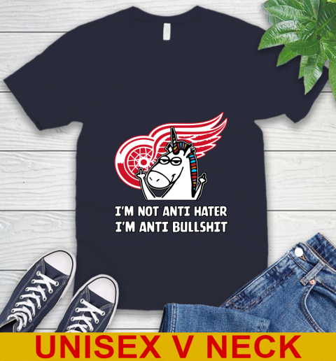 Detroit Red Wings NHL Hockey Unicorn I'm Not Anti Hater I'm Anti Bullshit V-Neck T-Shirt 3
