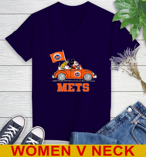 MLB Baseball New York Mets Pluto Mickey Driving Disney Shirt Women's V-Neck T-Shirt 4