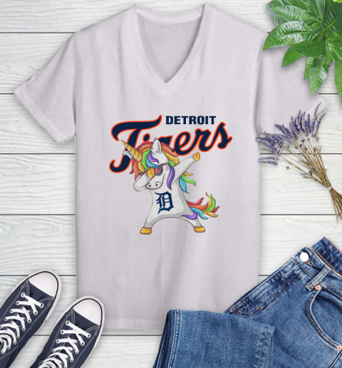 Detroit Tigers MLB Baseball Funny Unicorn Dabbing Sports Women's V-Neck T-Shirt