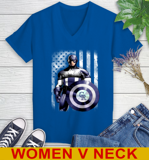 Colorado Rockies MLB Baseball Captain America Marvel Avengers American Flag Shirt Women's V-Neck T-Shirt 9