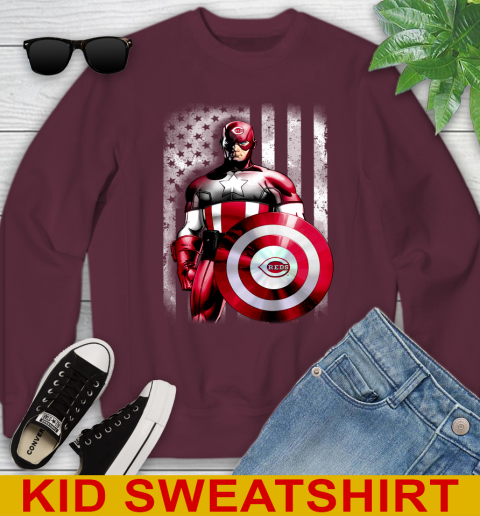 Cincinnati Reds MLB Baseball Captain America Marvel Avengers American Flag Shirt Youth Sweatshirt 4