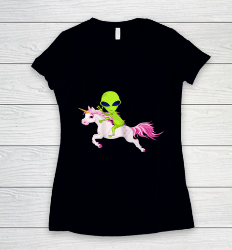 Alien Shirt Alien Riding Unicorn Women's V-Neck T-Shirt