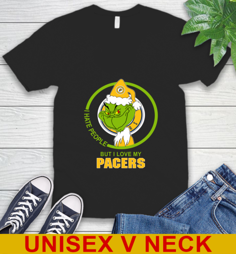 Indiana Pacers NBA Christmas Grinch I Hate People But I Love My Favorite Basketball Team V-Neck T-Shirt 2