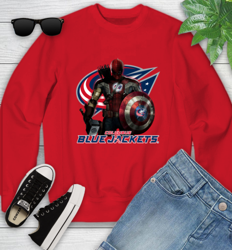 NHL Captain America Thor Spider Man Hawkeye Avengers Endgame Hockey Columbus Blue Jackets Youth Sweatshirt 9
