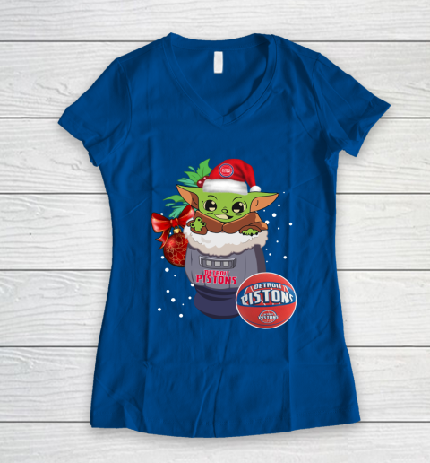 Detroit Pistons Christmas Baby Yoda Star Wars Funny Happy NBA Women's V-Neck T-Shirt 9