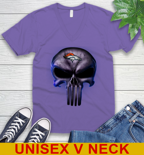 Denver Broncos NFL Football Punisher Skull Sports V-Neck T-Shirt 8