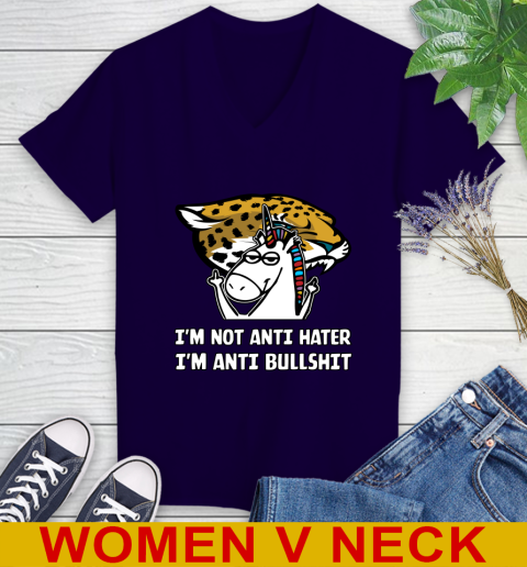 Jacksonville Jaguars NFL Football Unicorn I'm Not Anti Hater I'm Anti Bullshit Women's V-Neck T-Shirt 4