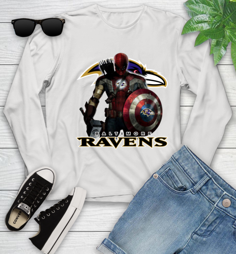 NFL Captain America Thor Spider Man Hawkeye Avengers Endgame Football Baltimore Ravens Youth Long Sleeve