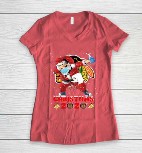 Chicago Blackhawks Funny Santa Claus Dabbing Christmas 2020 NHL Women's V-Neck T-Shirt 4