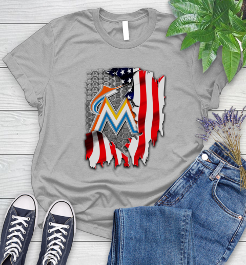 Miami Marlins MLB Baseball American Flag Women's T-Shirt 5
