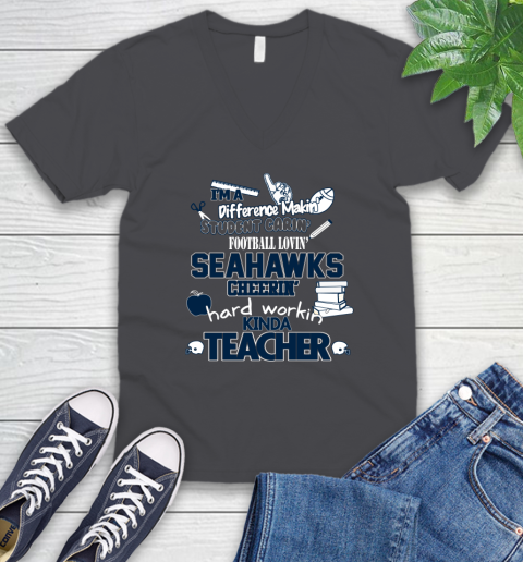 Seattle Seahawks NFL I'm A Difference Making Student Caring Football Loving Kinda Teacher V-Neck T-Shirt 4