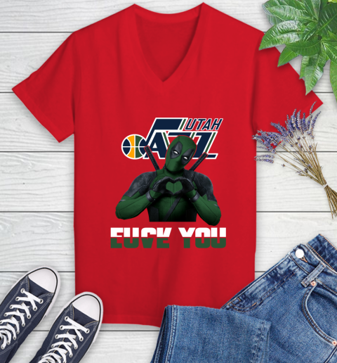 NBA Utah Jazz Deadpool Love You Fuck You Basketball Sports Women's V-Neck T-Shirt 12 NBA Utah Jazz Deadpool Love You Fuck You Basketball Sports Women's V-Neck T-Shirt - Image 12