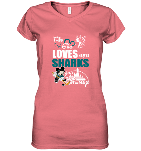 Girl Love Her SAN JOSE SHARKS And Mickey Disney trt5 girl love her san jose sharks and mickey disney women v neck t shirt 39 front coral