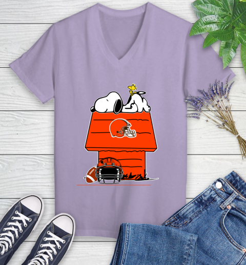 Cleveland Browns NFL Football Snoopy Woodstock The Peanuts Movie Women's V-Neck T-Shirt 14