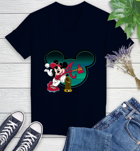 MLB Atlanta Braves The Commissioner's Trophy Mickey Mouse Disney Women's V-Neck T-Shirt 3