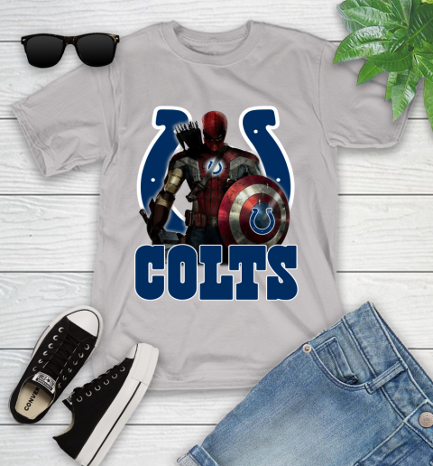 NFL Captain America Thor Spider Man Hawkeye Avengers Endgame Football Indianapolis Colts Youth T-Shirt 12