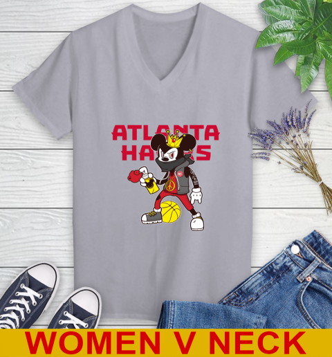 Atlanta Hawks NBA Basketball Mickey Peace Sign Sports Women's V-Neck T-Shirt 5