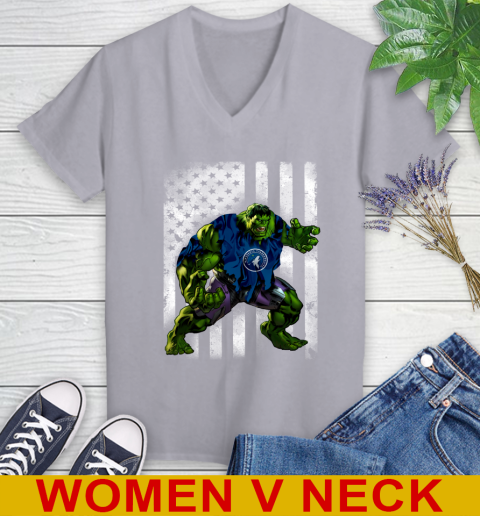 Minnesota Timberwolves Hulk Marvel Avengers NBA Basketball American Flag Women's V-Neck T-Shirt 4