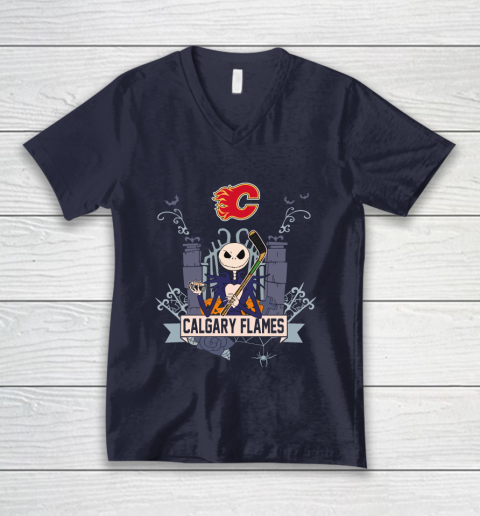 NHL Calgary Flames Hockey Jack Skellington Halloween V-Neck T-Shirt 2