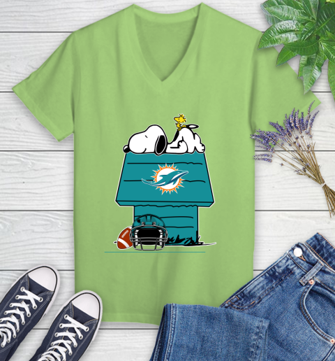 Miami Dolphins NFL Football Snoopy Woodstock The Peanuts Movie Women's V-Neck T-Shirt 11