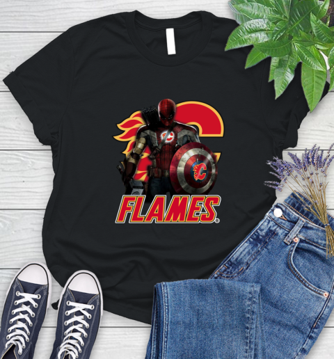 NHL Captain America Thor Spider Man Hawkeye Avengers Endgame Hockey Calgary Flames Women's T-Shirt 2