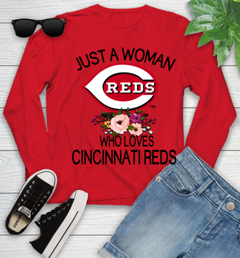 MLB Just A Woman Who Loves Cincinnati Reds Baseball Sports Youth Long Sleeve 8