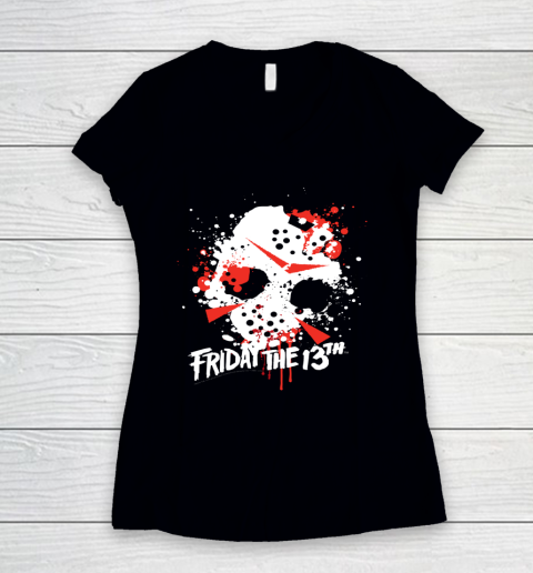 Friday The 13th Jason Blood Splatter Mask Halloween Women's V-Neck T-Shirt
