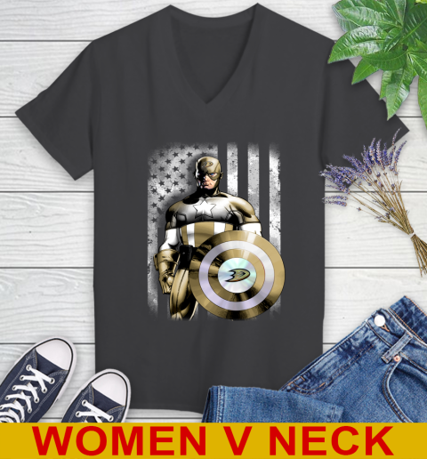Anaheim Ducks NHL Hockey Captain America Marvel Avengers American Flag Shirt Women's V-Neck T-Shirt 8
