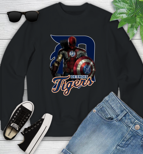 MLB Captain America Thor Spider Man Hawkeye Avengers Endgame Baseball Detroit Tigers Youth Sweatshirt 2