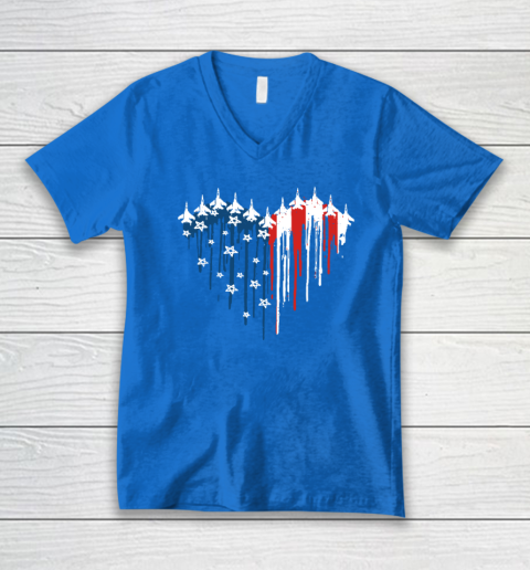 Retro Fighter Jet Airplane American Flag Heart 4th Of July V-Neck T-Shirt 4