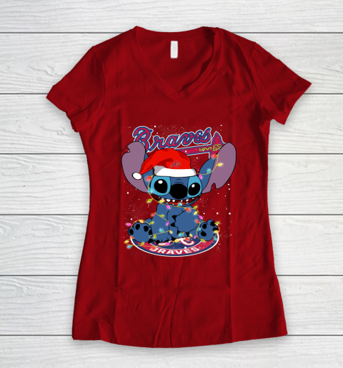 Atlanta Braves MLB noel stitch Baseball Christmas Women's V-Neck T-Shirt 6