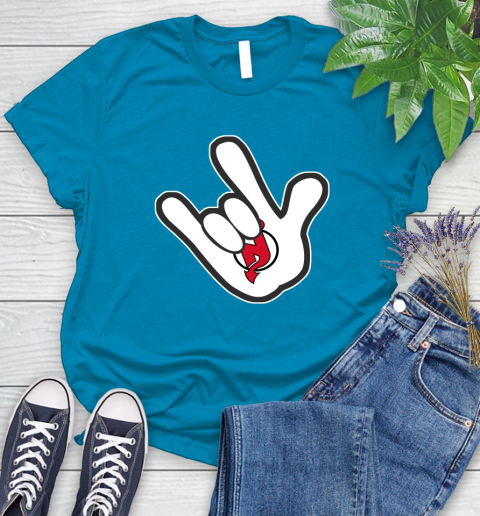 New Jersey Devils NHL Hockey Mickey Rock Hand Disney Women's T-Shirt 7