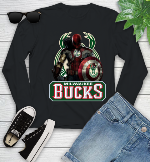 Milwaukee Bucks NBA Basketball Captain America Thor Spider Man Hawkeye Avengers Youth Long Sleeve 2