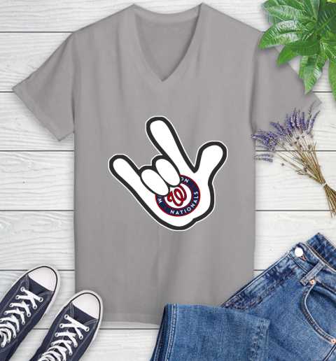 Washington Nationals MLB Baseball Mickey Rock Hand Disney Women's V-Neck T-Shirt 4