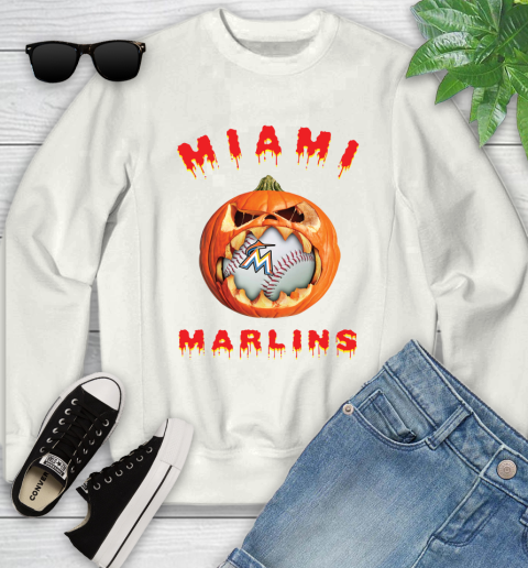 MLB Miami Marlins Halloween Pumpkin Baseball Sports Youth Sweatshirt